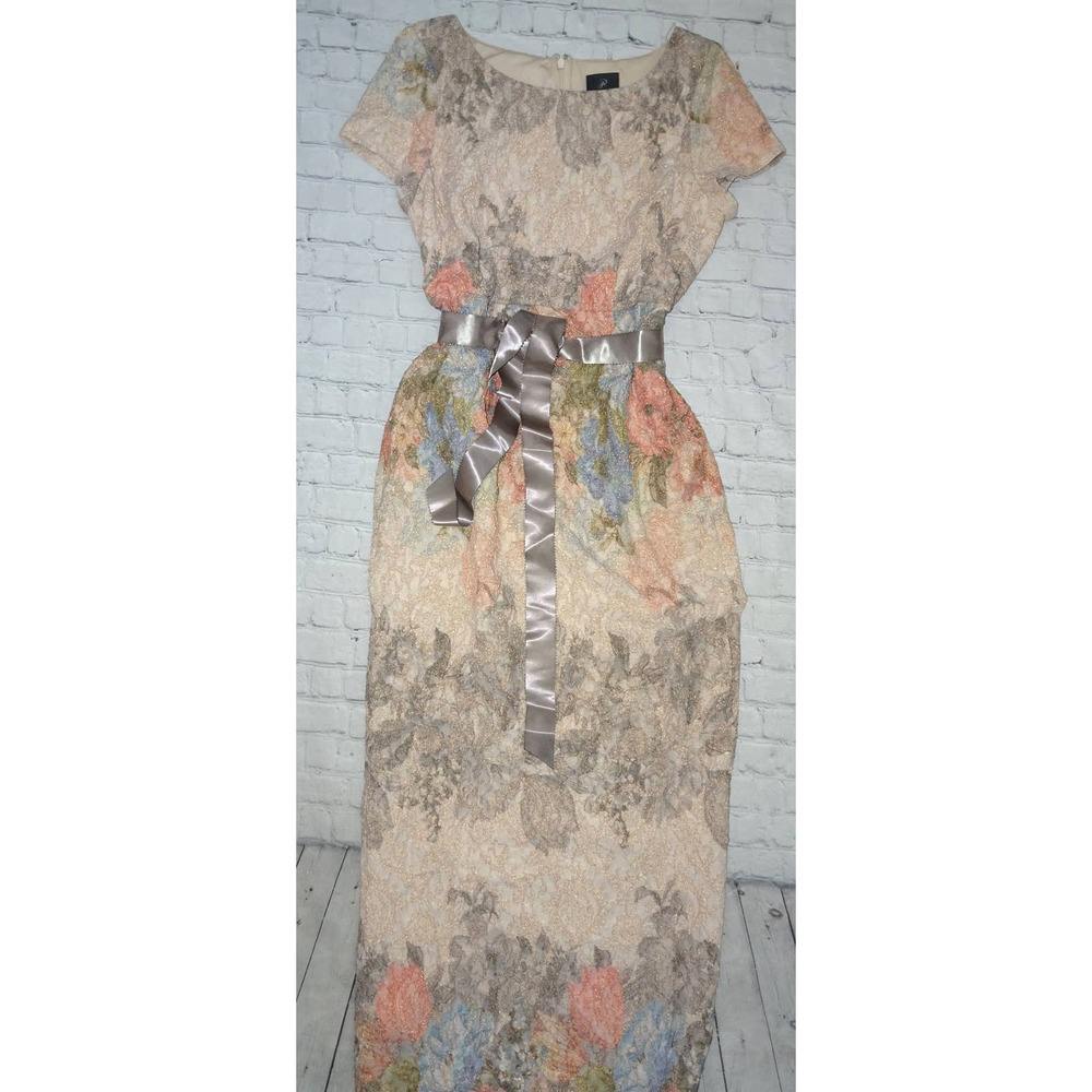 Adrianna Papell Matelasse Column Gown Dress 16, Beige with Ribbon Belt, No tags